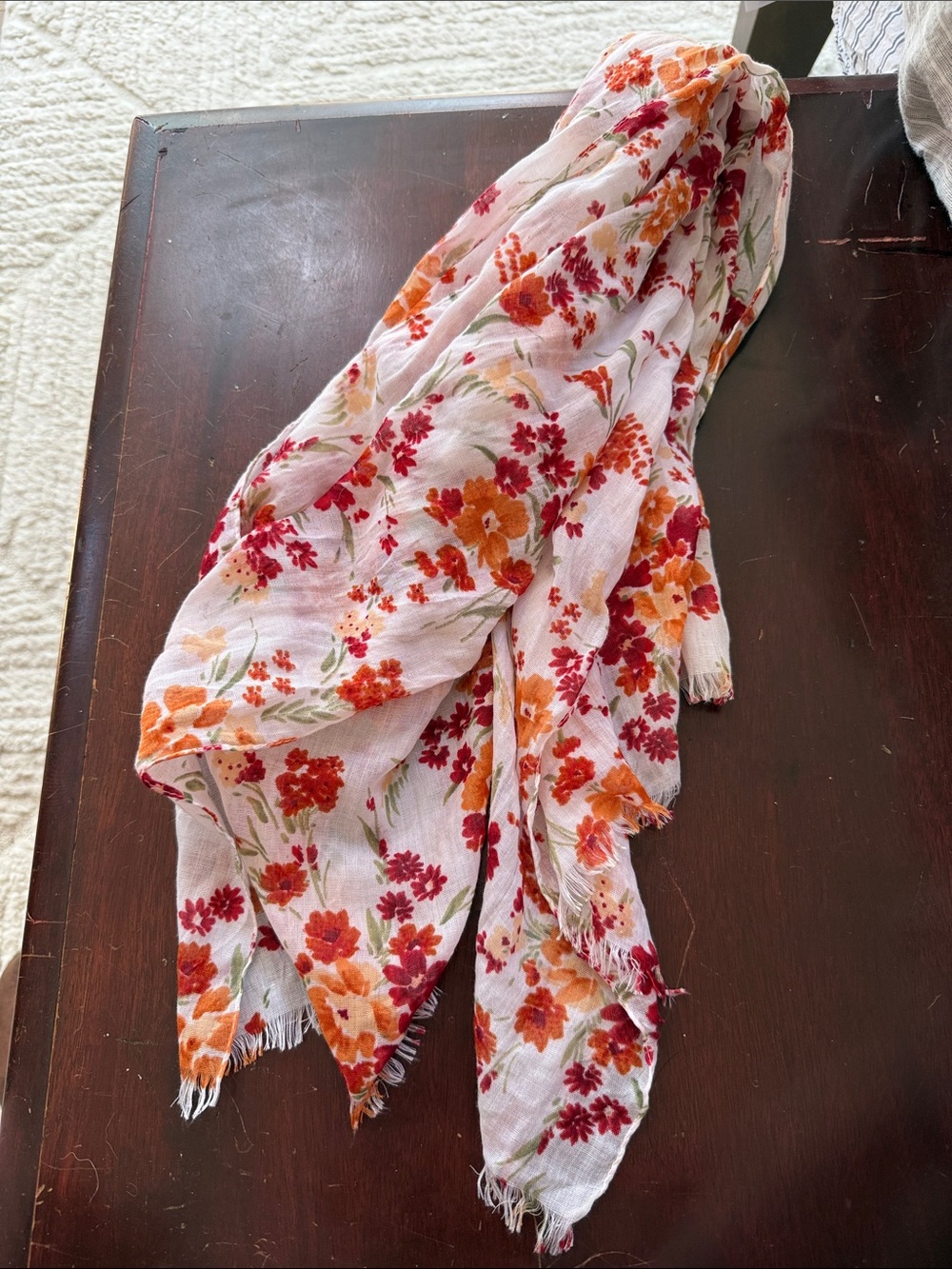 Floral Lightweight Scarf in White with Orange & Red Flowers